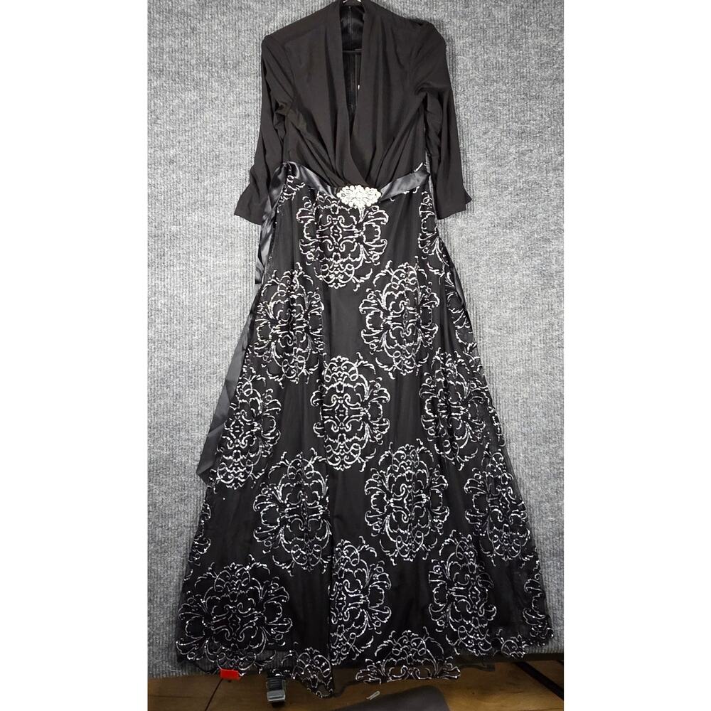 NWT Leslie Fay Black Silver Formal Gown Maxi Dress Jeweled Brooch Size 10